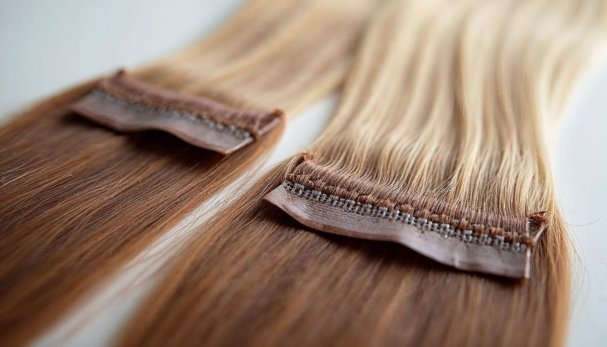 Two blonde hair extensions with clips, perfect for adding length and volume, showcasing a tape-in design.