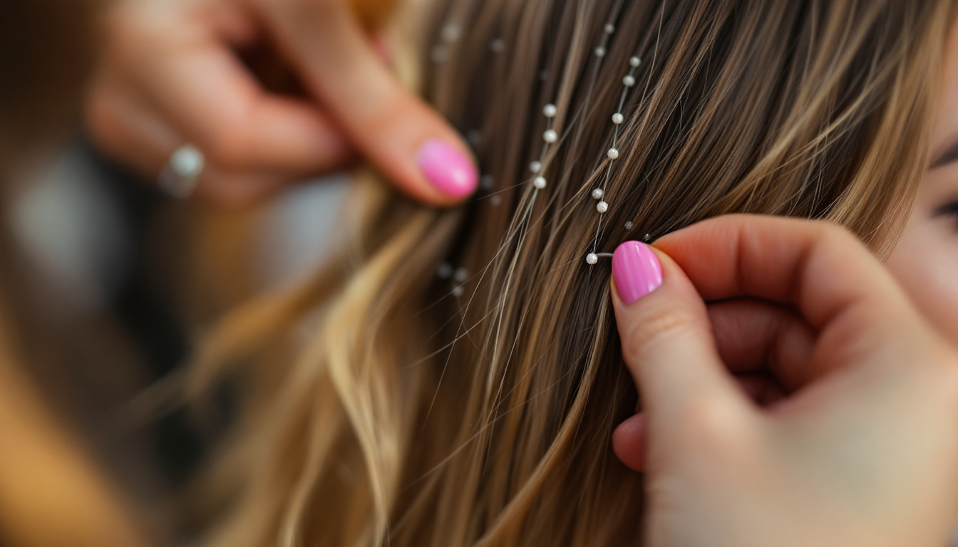 A woman receiving hair styling with Dallas Microbead Extensions while showcasing her pink nails.