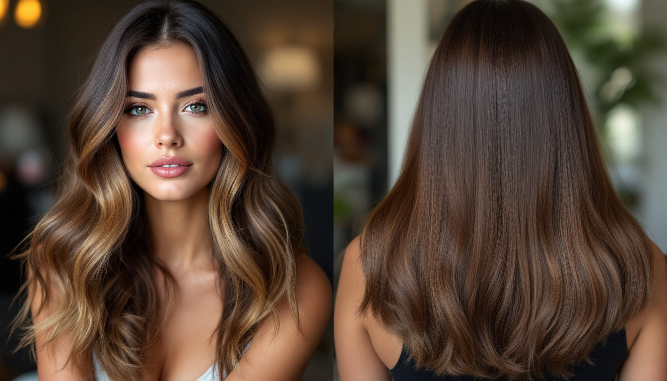 Before and after image of a woman with long brown hair, highlighting the effects of hand-tied extensions in Dallas.