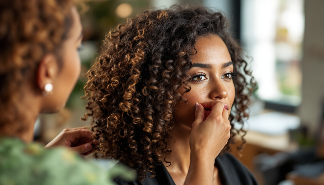 A woman with curly hair extensions in Dallas receives professional makeup application, enhancing her natural beauty.