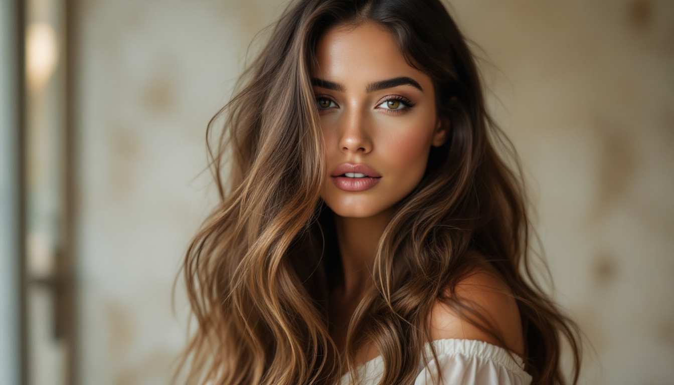 Elegant woman with long, wavy hair, featuring hand-tied hair extensions that add volume and beauty to her look.