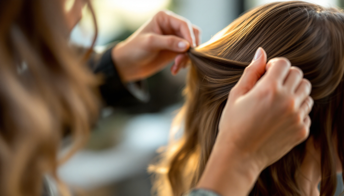 A stylist applies Remy human hair extensions to a client's hair, demonstrating a meticulous and professional application process.