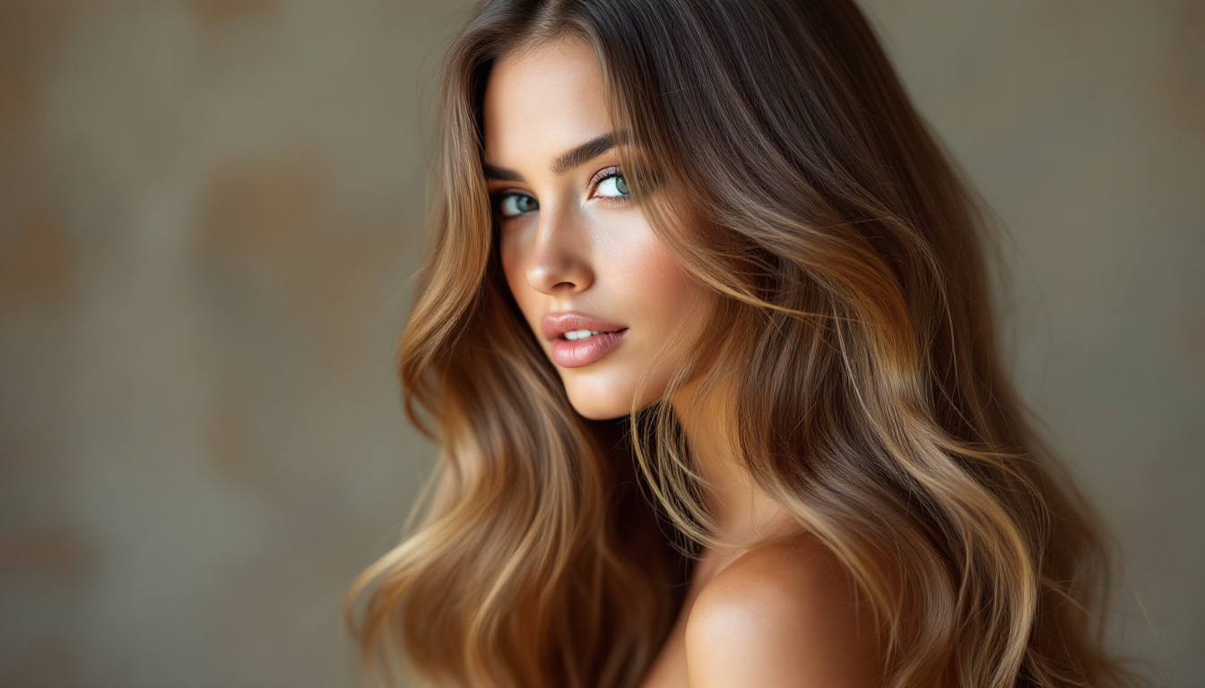 A beautiful young woman with long, wavy hair, showcasing natural volume and a confident, stylish appearance.