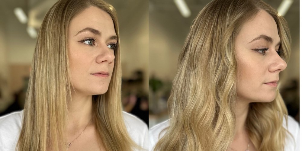Before and after image of a woman with long brown hair, highlighting the effects of hand-tied extensions in Dallas.