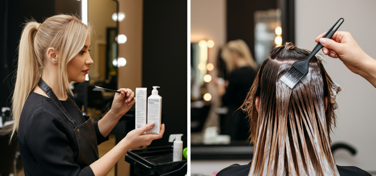 "Split screen of salon vs. at-home dyeing comparing professional hair color cost and DIY hair dye cost."