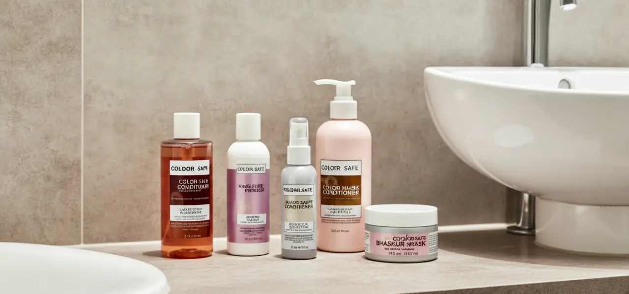 Flat lay of color-safe shampoo and toner for hair color maintenance cost after salon dyeing.