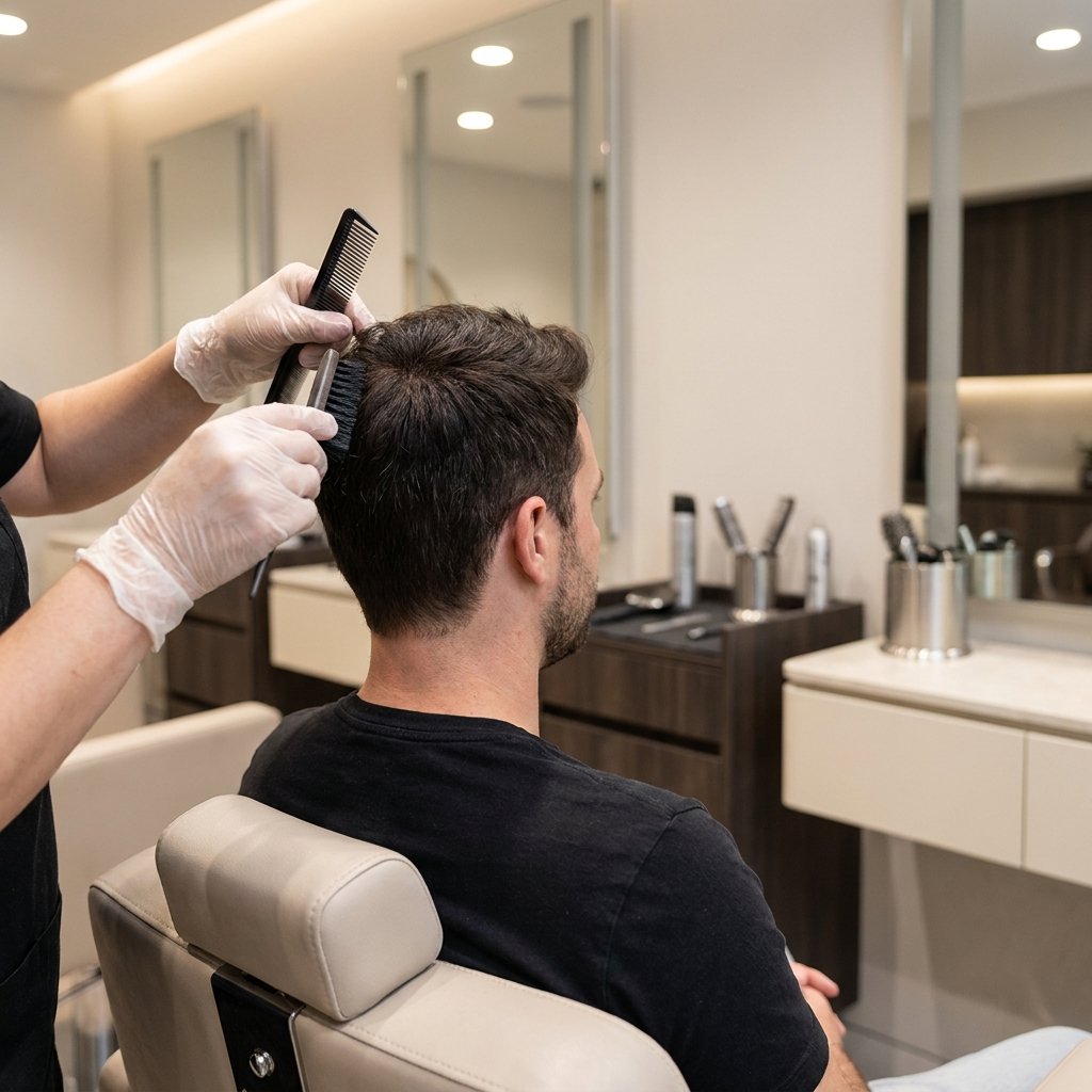 Stylist blending a natural-looking hair system into a man’s thinning hair