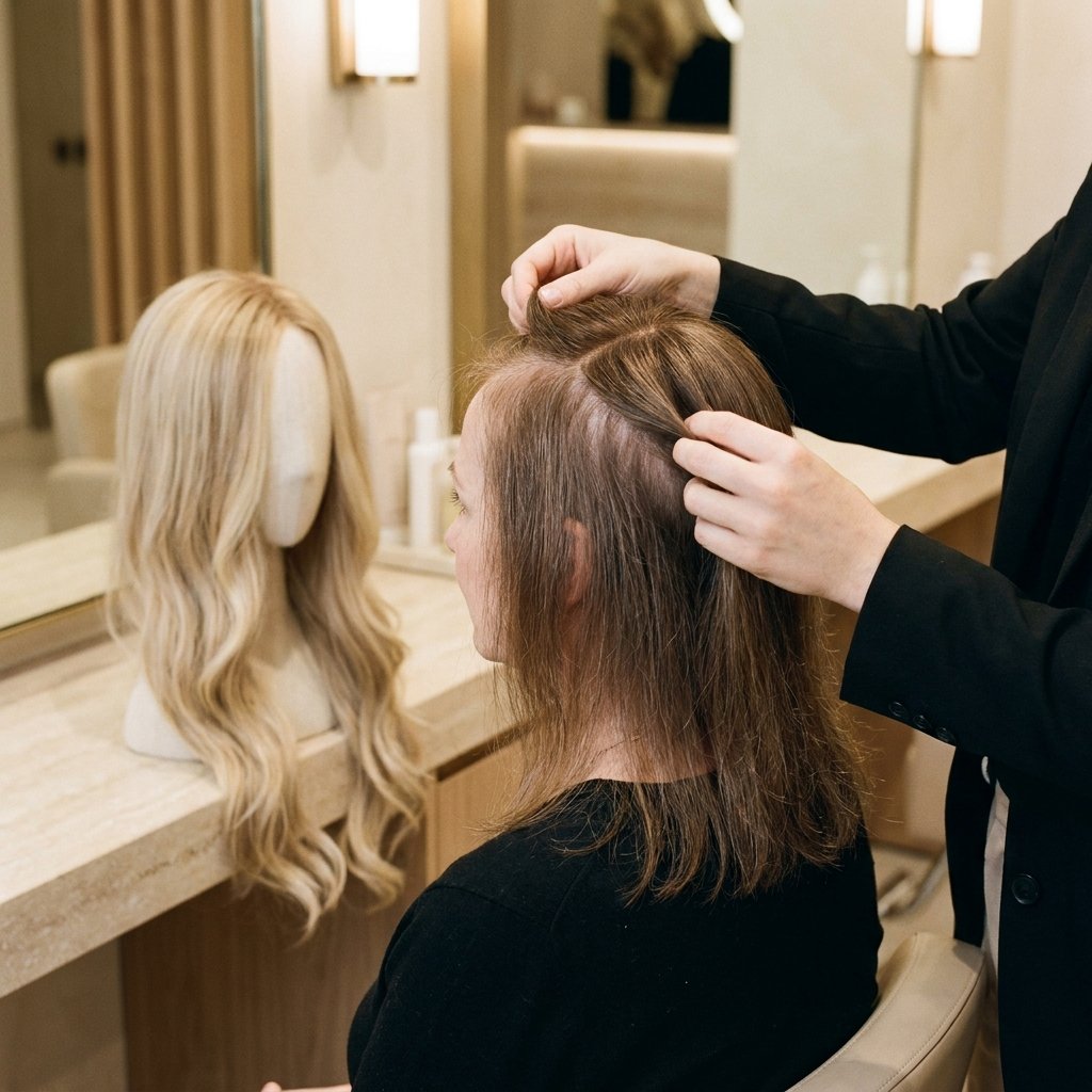 Stylist fitting a hair topper on thinning hair, with a styled wig nearby